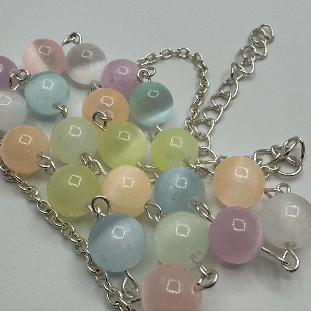 New Selenite Bead Necklace Pastel Multicolor Silver Tone Chain